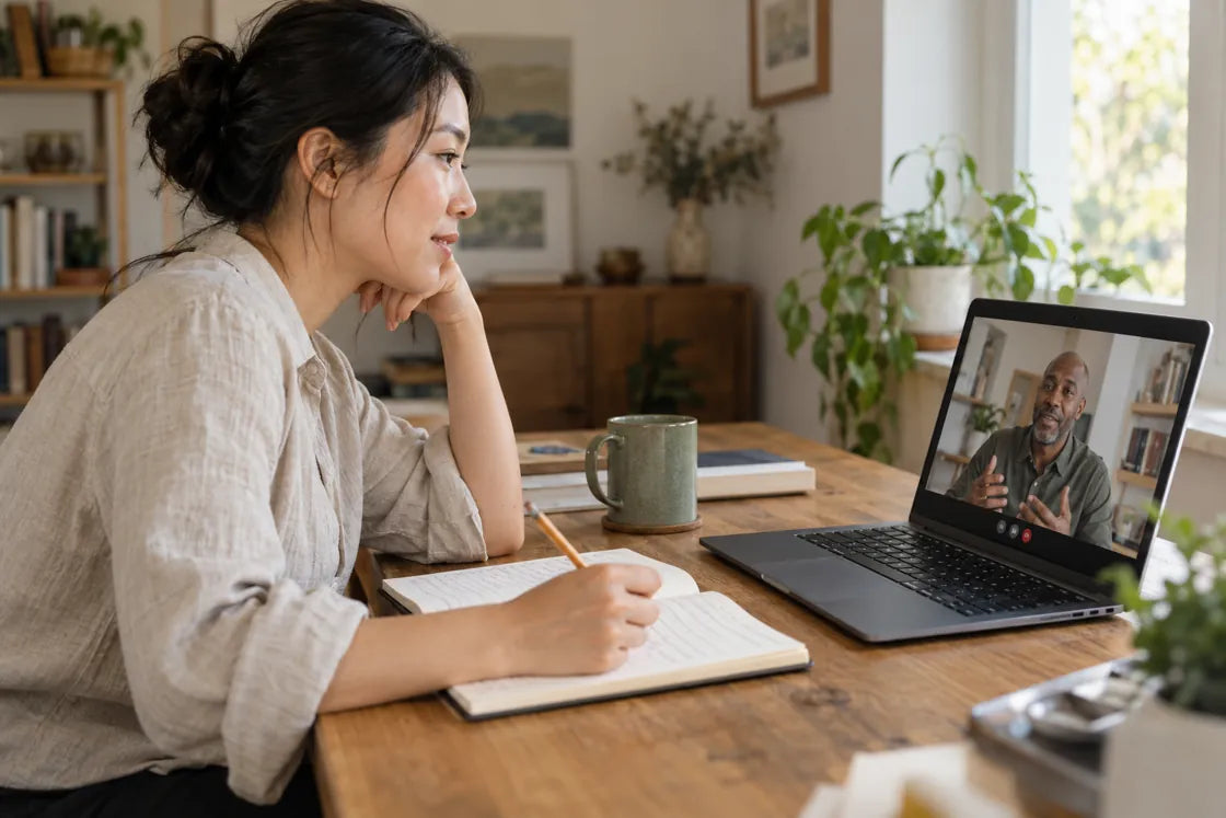 A learner taking notes during an online lesson