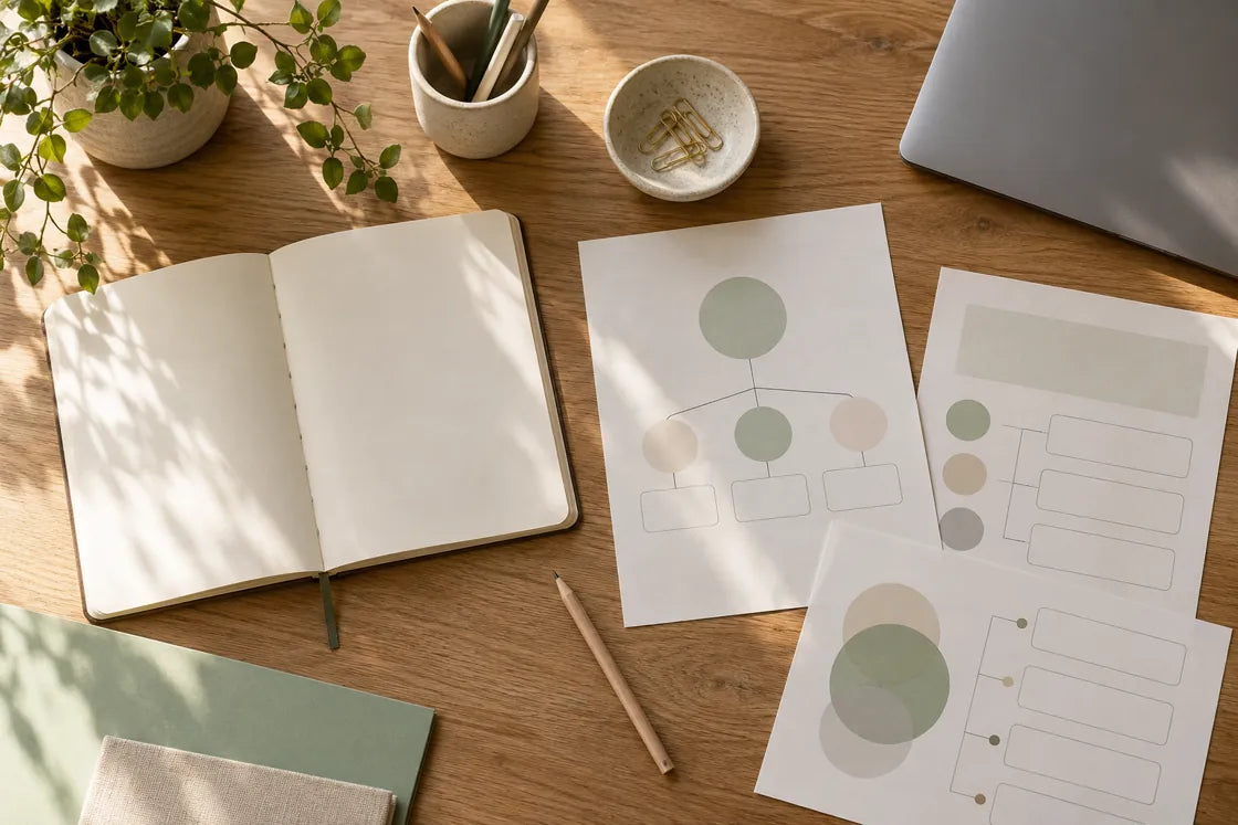 Carefully organized worksheets and learning materials on a desk